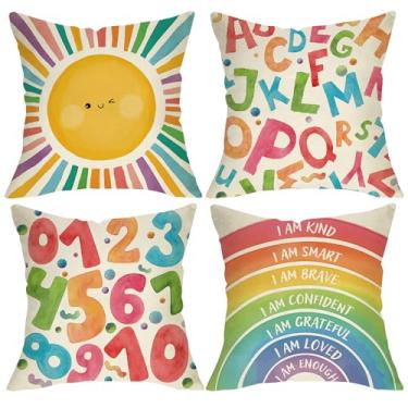 Imagem de Fjfz Back to School Classroom Sun Rainbow Capas de almofada decorativas 45,7 x 45,7 cm, conjunto de 4, alfabeto ABC, aprendizagem de números, crianças, educacional, berçário, decoração de casa