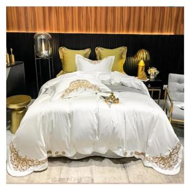 Imagem de Jogo de cama luxuoso de algodão 1000TC bordado capa de edredom conjunto de lençol plano fronha 4 peças conjunto de cama para adultos (1 Queen)