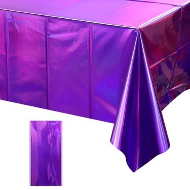 Imagem de FunnyPars 1 pacote com toalhas de mesa de plástico roxo iridescente, capas de mesa retangulares a laser descartáveis brilhantes, toalha de mesa de alumínio iridescente, decorações de festa para