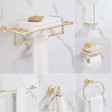 Imagem de Conjunto de acessórios de banheiro com escova dourada de latão dourado, suporte de toalha, prateleira de barra, suporte de papel para escova de dentes, suporte de telefone de papel (kit para venda)