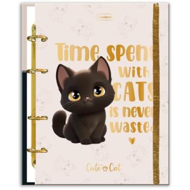 Imagem de Caderno Colegial Argolado Criativo Cadersil Estampa Cute Cat – 80 Folhas – Capa Dura – Argolas Douradas com Elástico – Ideal para Escola ou Anotações do Dia a Dia.