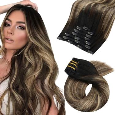 Imagem de Moresoo Extensões de cabelo com clipe de cabelo ombré preto a loiro com grampo de cabelo humano marrom em extensões de cabelo humano real balayage preto natural a loiro caramelo com marrom para