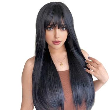 Imagem de BECUS Peruca preta longa de 66 cm para mulheres, peruca reta com franja, cabelo sem cola, realista, aparência natural, perucas de fibra sintética resistente ao calor para uso diário em festas (preto