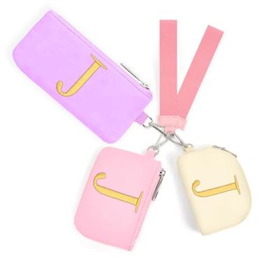 Imagem de Mini porta-chaves com zíper para mulheres e meninas: três bolsas de moedas com 2 alças - melhores presentes para aniversários, Natal, festas de casamento, dia dos namorados, ano novo (J, roxo, rosa e