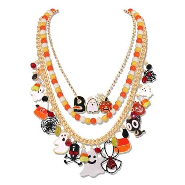 Imagem de HSWE Colar feminino de Halloween, laranja, preto, cristal, borla, fantasma assustador, abóbora, pingente de caveira, colar gargantilha engraçada, acessórios de Halloween, fantasia, festa, joias