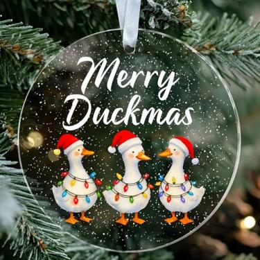 Imagem de Enfeite de Natal Merry Duckmas - Decoração redonda de acrílico de pato engraçado - Lembrança de árvore de Natal - Presente para amantes de patos