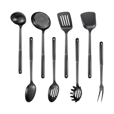 Imagem de Conjunto de utensílios de cozinha de aço inoxidável 304, conjunto de 8 peças, inclui escumadeira, concha de sopa, servidor de espaguete, espátula wok, escumadeira, colher sólida, espátula com fenda e