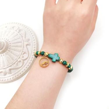 Imagem de Pulseira de fé elástica clássica feita à mão com contas de turquesa cristã, pulseira com pingente de sementes de mostarda religiosa de rotund, joia de fé para oração e bênção, One Size, Pedra Aço