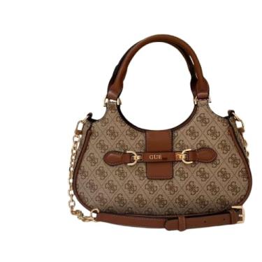 Imagem de Bolsa de Ombro Feminina com Logo Monograma, Couro Marrom e Bege, Alça Ajustável com Corrente Dourada(Sob Encomenda)