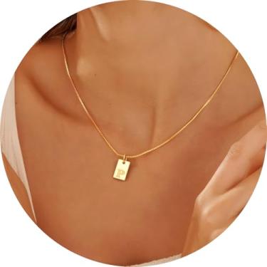 Imagem de Colar com inicial feminina, pingente retangular banhado a ouro 18K, joia mínima de A a Z, colar personalizado, 18+2in, Aço inoxidável, Sem Pedra Preciosa
