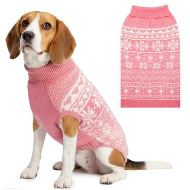 Imagem de ABFEKIEA Suéter para cachorro de Natal, roupas quentes de inverno para cães pequenos, médios e grandes, fofo padrão de floco de neve rosa com gola rolê, suéter de tricô para festas de fim de ano, uso