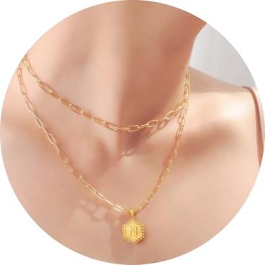 Imagem de Colar feminino com inicial em camadas, aço inoxidável banhado a ouro 18K, pingente de clipe de papel duplo A a Z, conjunto de duas correntes destacáveis, 16.5in/ 14+2in, Aço inoxidável, Sem Pedra