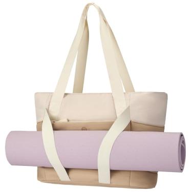 Imagem de Axcone Bolsa feminina de ioga com manga de bagagem e alças de tapete - Bolsa de trabalho de academia para escritório, deslocamento, esportes, viagem, cáqui