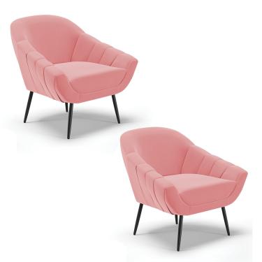 Imagem de Kit 02 Poltronas Giovana Suede Rosê Pés Palito de Ferro - D'Rossi