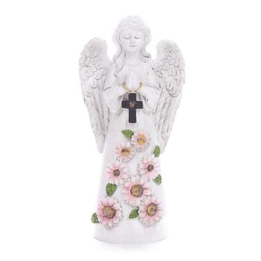 Imagem de Estátua de anjo orando em resina de 13 cm com colar de cruz e flor