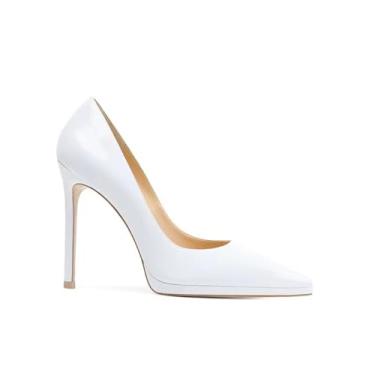 Imagem de PFKXQBXC Sapatos femininos de salto alto pontiagudo de couro envernizado primavera verão outono plataforma impermeável boca rasa elevando, Branco, 9.5