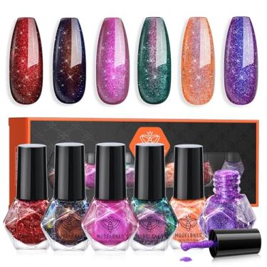Imagem de modelones Conjunto de 6 cores, kit de mini esmaltes de Natal vermelho verde glitter secagem rápida para inverno rosa choque azul roxo laranja holográfico brilho feriado manicure arte de unhas presente