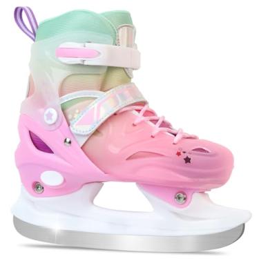 Imagem de LEVYTEMP Patins de gelo ajustáveis para meninas - Sapatos de patinação no gelo - Patins com cadarço de hóquei para jovens iniciantes, rosa, azul, verde