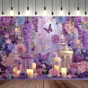 Imagem de Fundo fotográfico de festa de aniversário roxo com glitter roxo lavanda borboleta chá de panela elegante pano de fundo floral para meninas aniversário princesa capina chá de panela decoração de