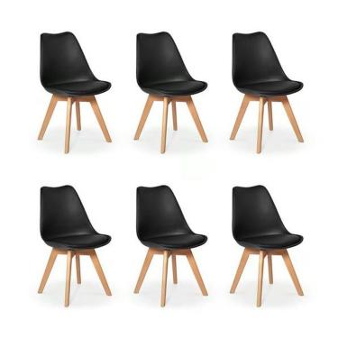 Imagem de Kit C/ 6 Cadeiras Leda – Charles Eames, Saarinen Wood Com Almofada Preta