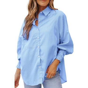 Imagem de Blusa elegante, casual, com botões, listrada, azul grande para mulhere