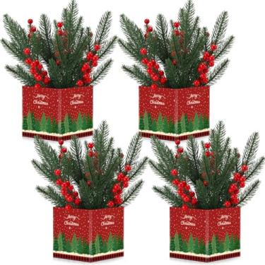 Imagem de Zeyune Conjunto de 4 peças centrais de Natal para caixa de mesa, caixas de flores de Natal de 12 cm para mesa com ramos artificiais de pinheiro e hastes de frutas vermelhas para festa de Natal