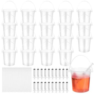 Imagem de Conjunto de 20 baldes de plástico transparente com canudos e seringas, recipientes de 940 ml, reutilizáveis e descartáveis, perfeitos para festas e eventos
