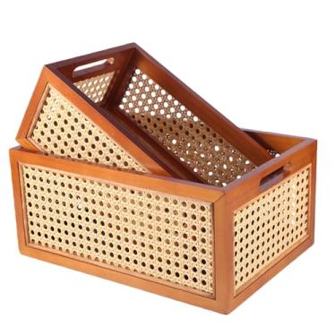 Imagem de Conjunto de cestas de armazenamento de vime, moldura de madeira com design de bengala tecida, caixas organizadoras para sala de estar, quarto, banheiro, cozinha, prateleira, conjunto de 2