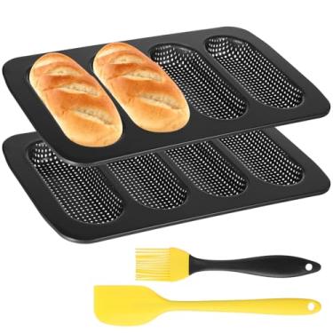 Imagem de Conjunto de 4 formas de pão de cachorro-quente, formas de pão francês de 4 cavidades, aço carbono antiaderente, vem com raspador de silicone e escova de óleo, 35 x 21 cm, ideal para assar em casa