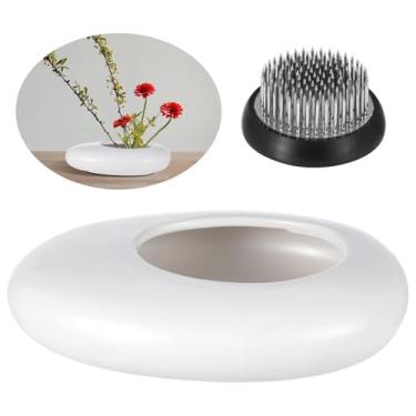 Imagem de LUMINFLY Vaso de flores de cerâmica com sapo Kenzan e tigela de seixos, kit decorativo elegante para arranjos de flores