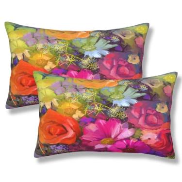Imagem de ZYNTIRAX Buquê de flores vibrantes, margarida, peônia, pétalas de gerbera, capa de almofada lombar 30 x 50 cm, conjunto de 2 fronhas retangulares para cama e sofá
