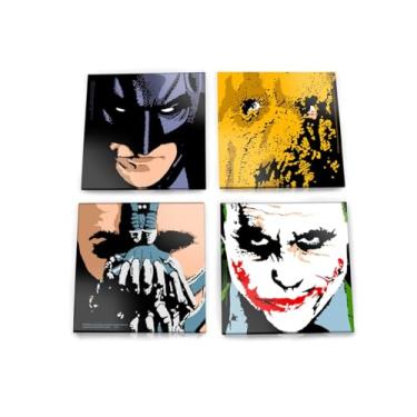 Imagem de DC Comics – O Cavaleiro das Trevas – Ícones de Gotham – Batman, Coringa, Bane, e Espantalho – Conjunto de quatro porta-copos de vidro oficialmente licenciados de 10 x 10 cm – Vem com porta-copos de
