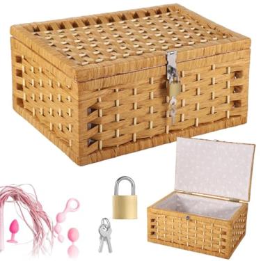 Imagem de Cesta de armazenamento elegante com trava para brinquedos adultos, organizador de corda de papel tecido com moldura de madeira e forro floral, 14 x 24 x 17 cm para brinquedos e artesanato