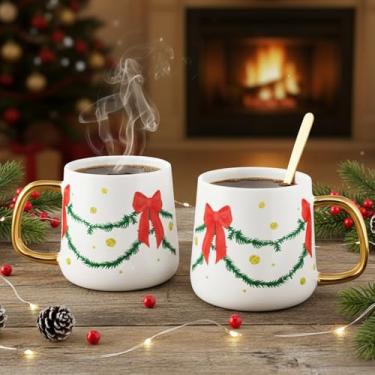 Imagem de Potchen Conjunto de 2 peças de canecas de Natal para pais casais, xícara de café com alça dourada e colher, chá de cerâmica de Natal de 293 ml, xícaras de cacau quente, presente para decoração de