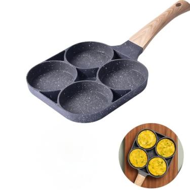 Imagem de Frigideira Antiaderente com 4 Cavidades, Cabo de Madeira, Revestimento Granito, para Ovos e Panquecas, (Cinza)