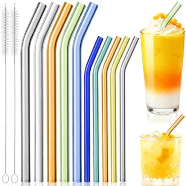 Imagem de Yomarket Pacote com 10 canudos de vidro curvados coloridos de 20 cm x 8 mm e 22 cm x 12 mm com 2 escovas de limpeza, canudos coloridos reutilizáveis para vitaminas, milkshake, coquetéis, chá, suco