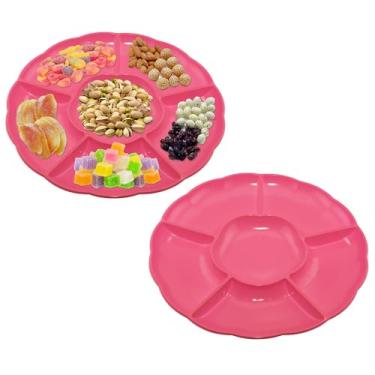 Imagem de CAOXIAOXUYAO Bandejas redondas de plástico de 30,5 cm com 2 unidades, 6 pratos secionais para servir pratos de comida para doces, nozes, vegetais, frutas, ação de graças (2, vermelho rosa)