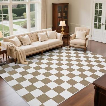 Imagem de EcoNest Tapete xadrez lavável, tapete bege e branco de 1,5 x 2,1 m, tapetes de área de pilha baixa para sala de estar com suporte antiderrapante para quarto, sala de jogos, sala de aula, escritório
