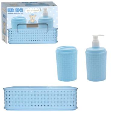 Imagem de Cor:Azul Bebê Kit 3x1 Bebê e Mamãe Porta Algodão + Porta Sabonete + Cesta