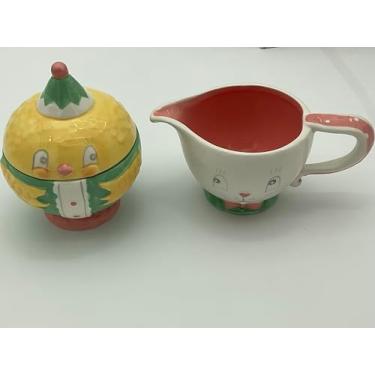 Imagem de Design by Johanna Parker Conjunto de tigela de açúcar e creme de cerâmica de Páscoa, design de pintinho e coelho, amarelo e branco