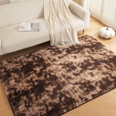 Imagem de ThreadGlobe Tapete felpudo premium 1,8 m x 1,8 m, tapete de pelúcia marrom tie-dye ultra para sala de estar, tapetes antiderrapantes para quarto e berçário, decoração de piso luxuoso de toque suave