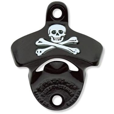 Imagem de STARR Abridor de garrafas original Black Skull & Bones montado na parede, abridor de garrafas de ferro fundido revestido a pó americano com parafusos, suporte de parede estilo vintage para bar