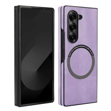 Imagem de XKchatpt Capa magnética para Samsung Galaxy Z Fold 6 suporta carregamento sem fio, capa rígida fina à prova de choque de couro PU para Samsung Galaxy Z Fold 6 (Roxo)