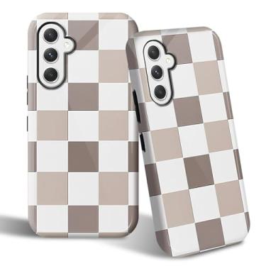 Imagem de SROJDHFJB Capa de telefone para Samsung Galaxy S25, capa protetora de 2 camadas com design estampado xadrez marrom, parte traseira rígida + TPU macio bumper capa slim fit para homens e mulheres