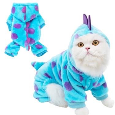 Imagem de JAAQUCD Fantasia engraçada de dinossauro de cachorro pequeno de Halloween pijama de lã para cães casaco de frio com anel D roupas de inverno para gatos (dinossauro azul, PP)