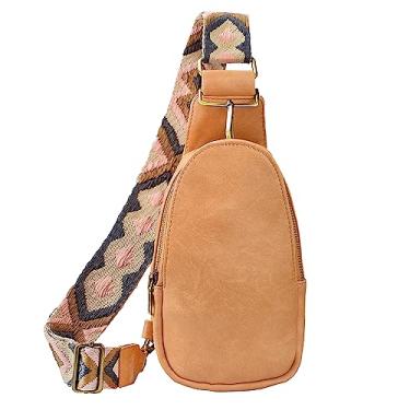 Imagem de KlaOYer Bolsas de couro para mulheres transversais pequenas pochete bolsas de peito com alça de guitarra para gril lady, pêssego cáqui, Large, Transversal