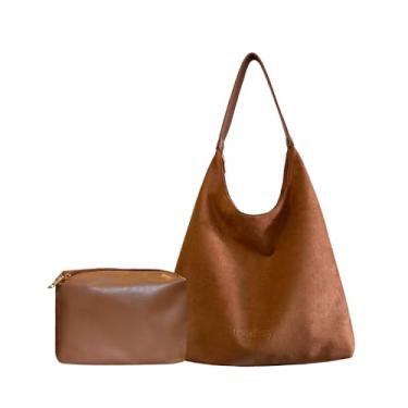 Imagem de Ruvafeny Bolsa feminina de camurça, bolsa de ombro de camurça, bolsa de mão despojada, bolsa de mão e conjunto de carteira para trabalho e viagem, Marrom