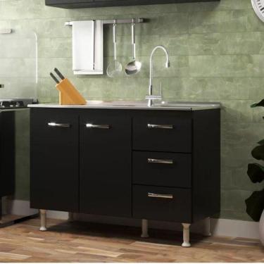Imagem de Balcão De Cozinha Sem Pia E Tampo 2 Portas 3 Gavetas Carolina - Black Black