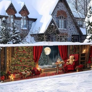 Imagem de HOMETITUTE Banner de janela de Natal para noite de 295 x 89 cm, grande faixa interna de férias com presentes de árvore ao luar e ursinho de pelúcia para parede, festa em casa, decoração de sala de