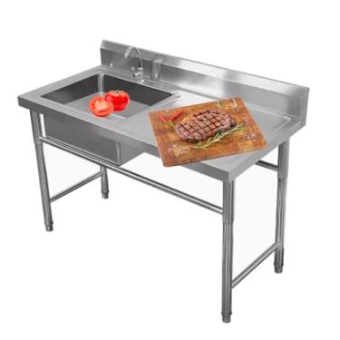 Imagem de CFMAIF Pia de cozinha de aço inoxidável de tigela única, lavatório de mão de preparação e utilitário com bancada de trabalho, pia de pé livre para garagem, restaurante (120 x 60 cm/18,5 x 23 polegadas